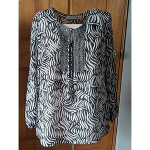 Susan Graver Black And White Sheer Long Sleeve pullover blouse Women's Large